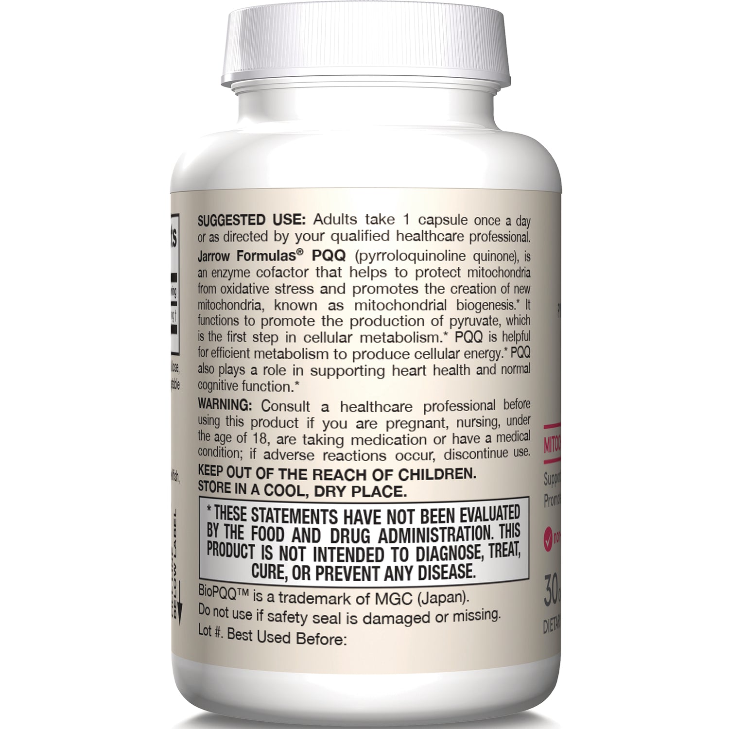 JR263 | back label of white supplement bottle showing suggested use, warning, and FDA disclaimer
