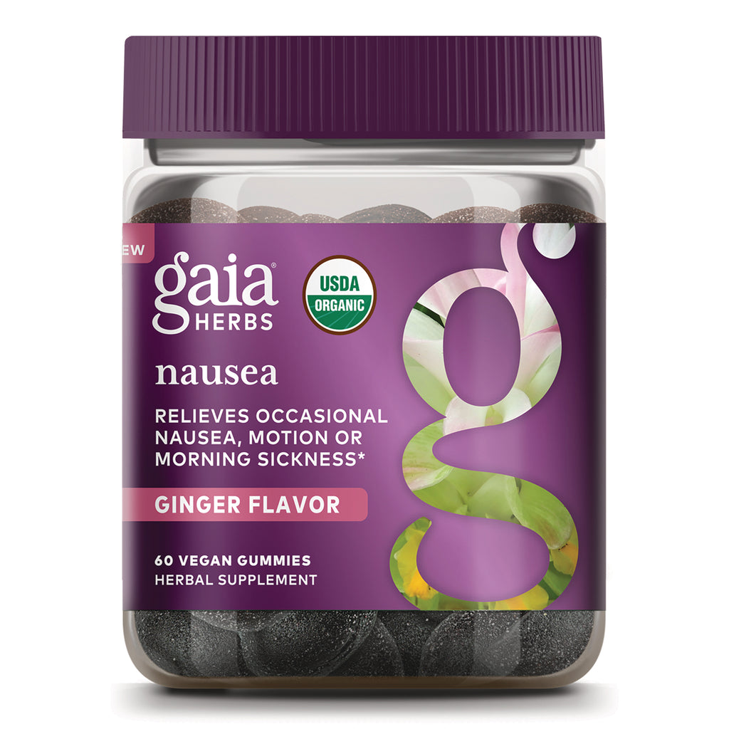 GH164 | Gaia Herbs purple jar of nausea ginger flavor vegan gummies with USDA Organic badge - Thumbnail