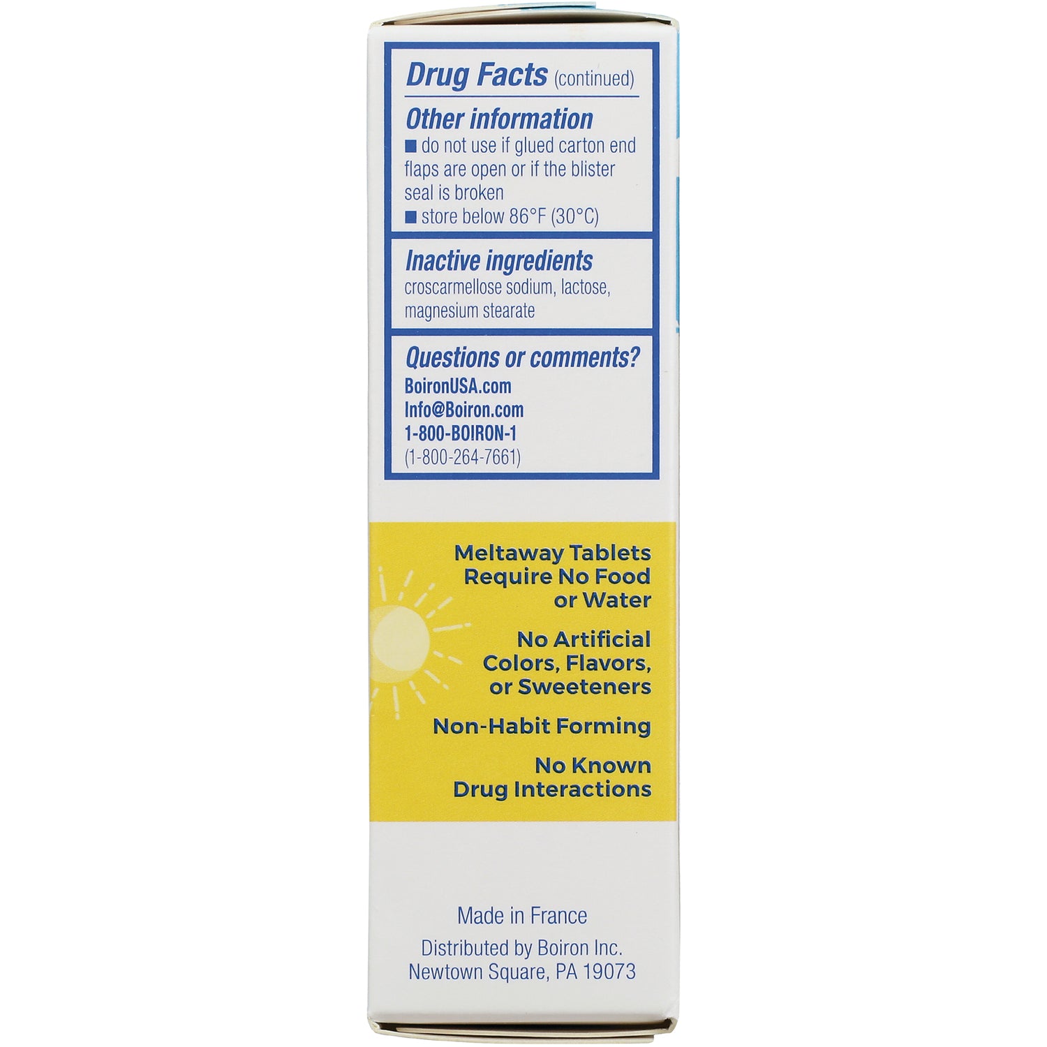 BRN125 | back panel showing Drug Facts continued, inactive ingredients, contact info, and yellow panel stating Meltaway Tablets Require No Food or Water
