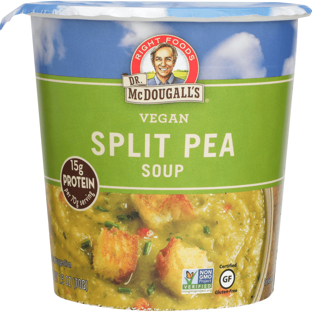 DMD008 | Dr. McDougall's vegan Split Pea Soup cup front packaging with 15g protein badge and soup photo