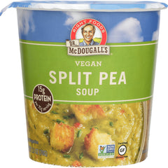 DMD008 | Dr. McDougall's vegan Split Pea Soup cup front packaging with 15g protein badge and soup photo