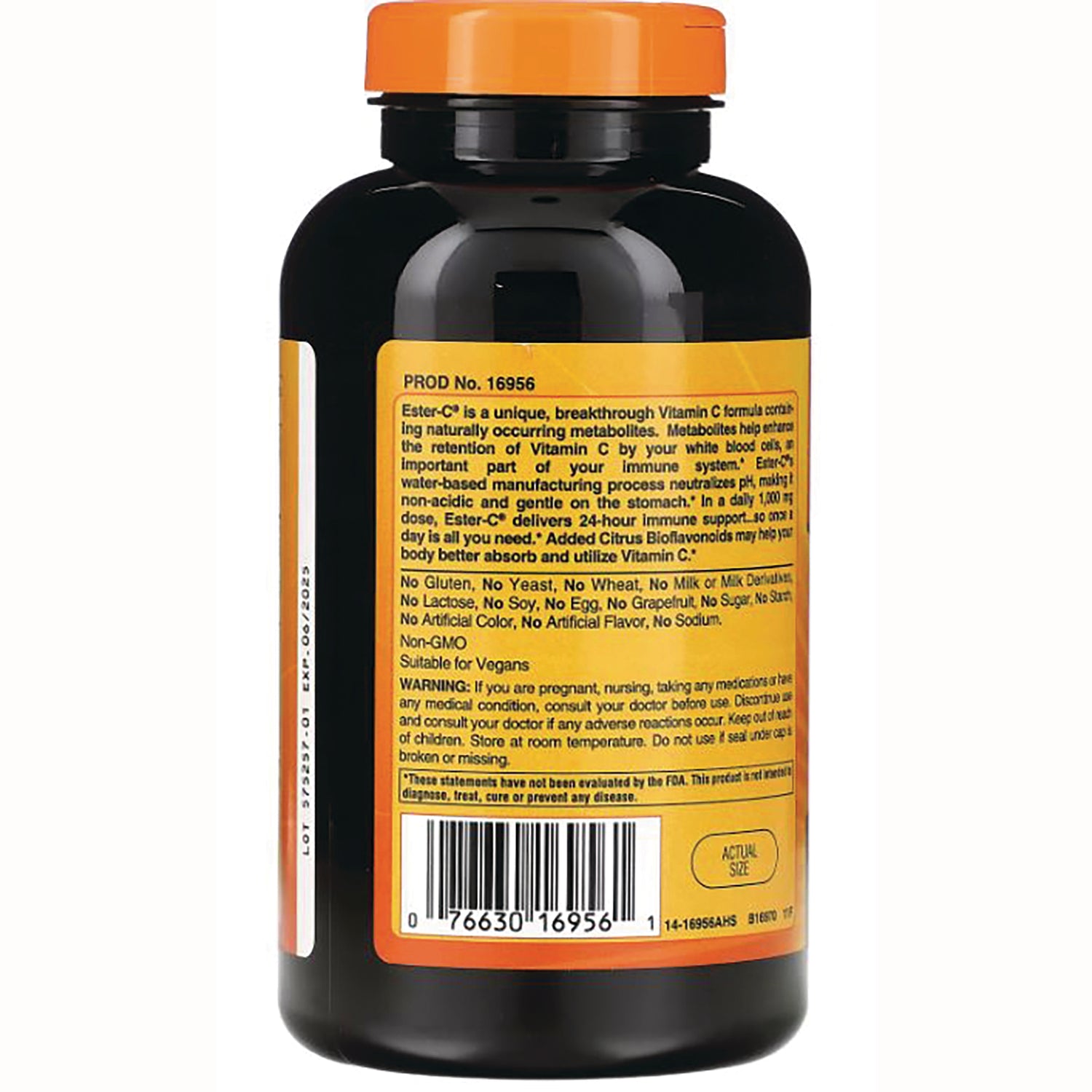 AM121 | Back of dark supplement bottle showing yellow label text, warnings and barcode