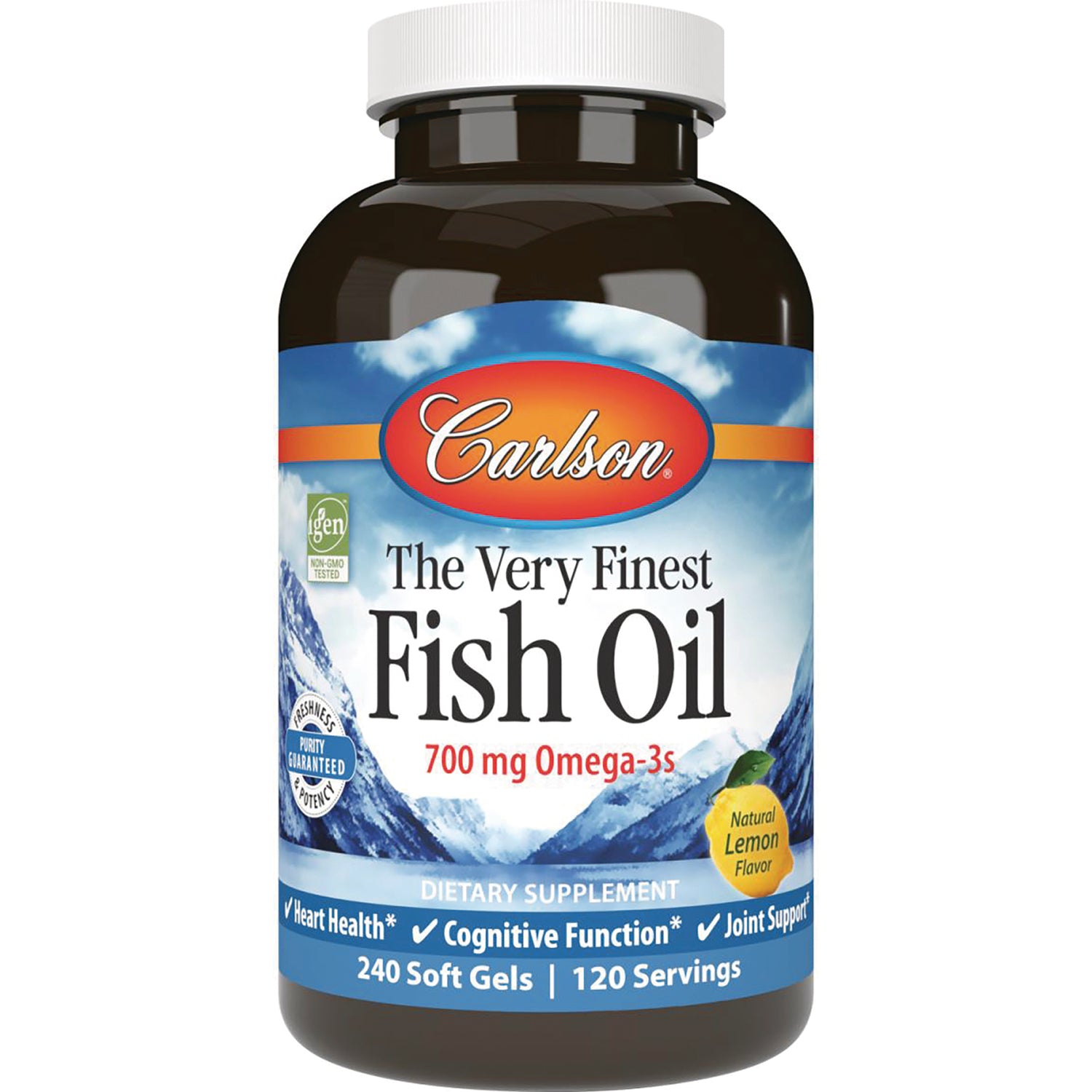 CSN149 | Carlson The Very Finest Fish Oil 700 mg Omega-3s natural lemon flavor bottle, 240 soft gels