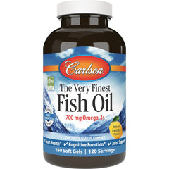 CSN149 | Carlson The Very Finest Fish Oil 700 mg Omega-3s natural lemon flavor bottle, 240 soft gels