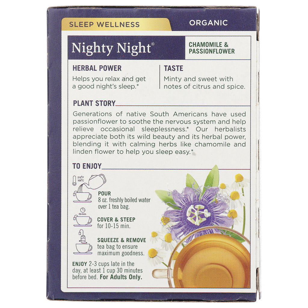 TMD008 | Back panel of Nighty Night chamomile & passionflower tea with herbal power, taste notes, and brewing directions - Thumbnail