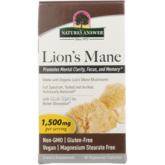 NAT408 | Nature's Answer Lion's Mane supplement box, 1,500 mg per serving, 90 vegetarian capsules, Non-GMO Vegan