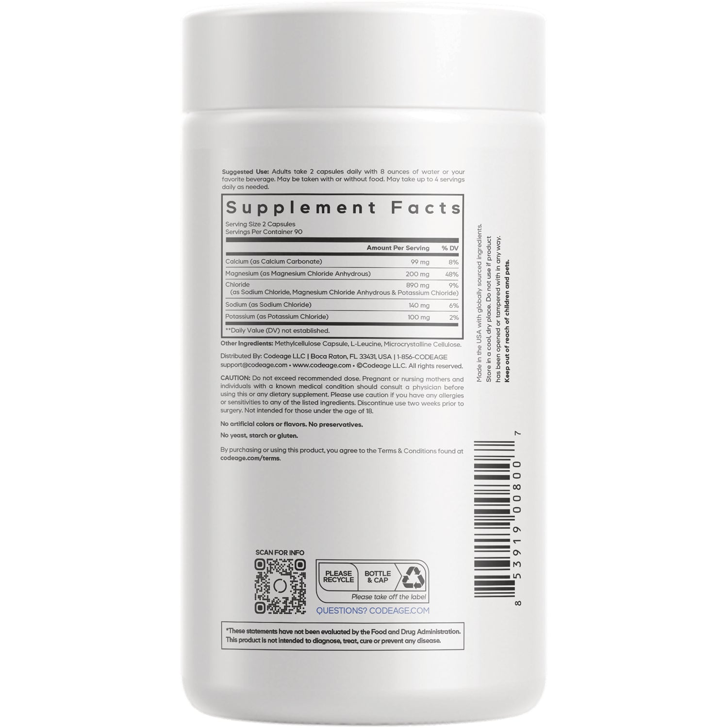 CDG007 | Back label showing Supplement Facts panel, ingredient details, barcode and recycling icons