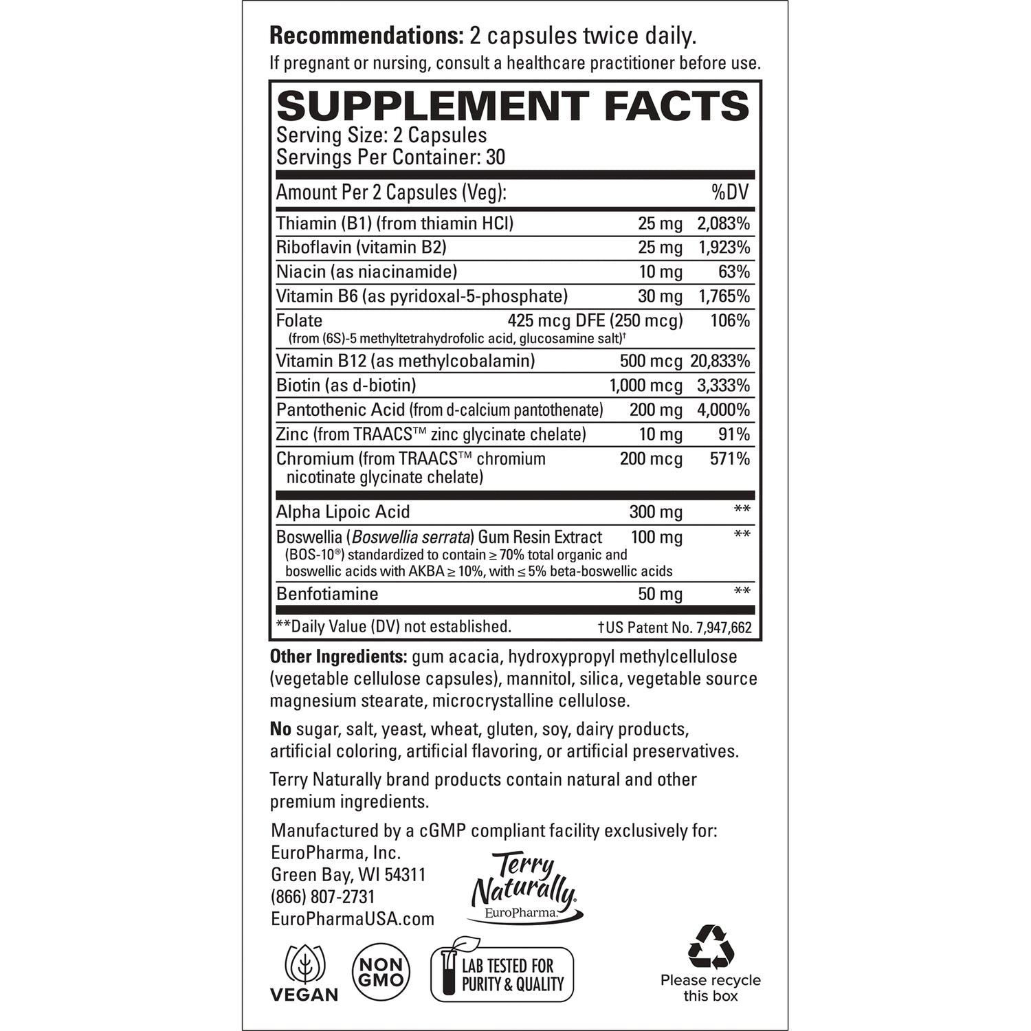 EUR028 | supplement facts back label showing serving size, vitamin and mineral amounts, other ingredients and manufacturer info