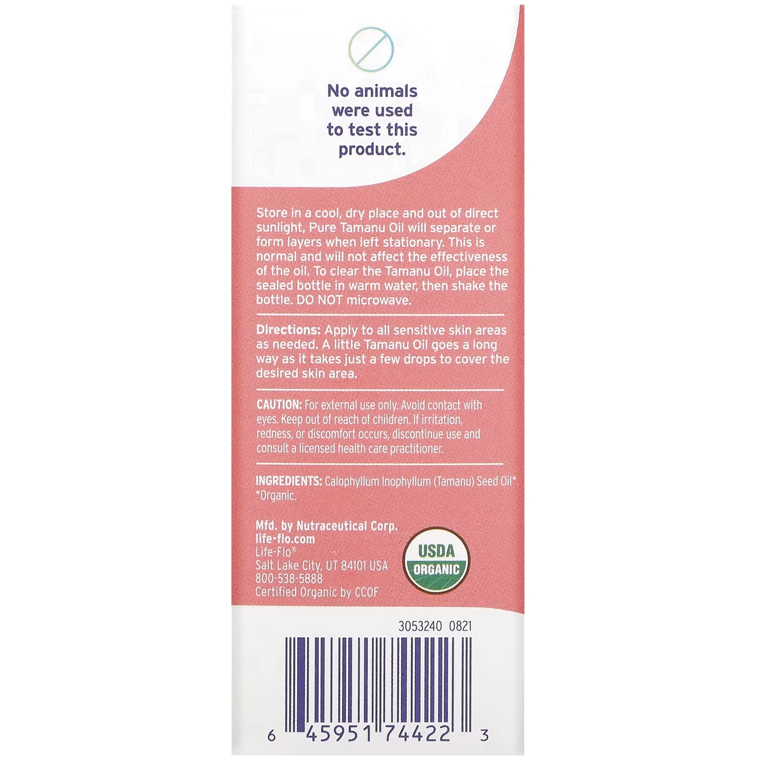 LFH028 | Back panel with storage and directions text, ingredients list, USDA Organic seal and barcode