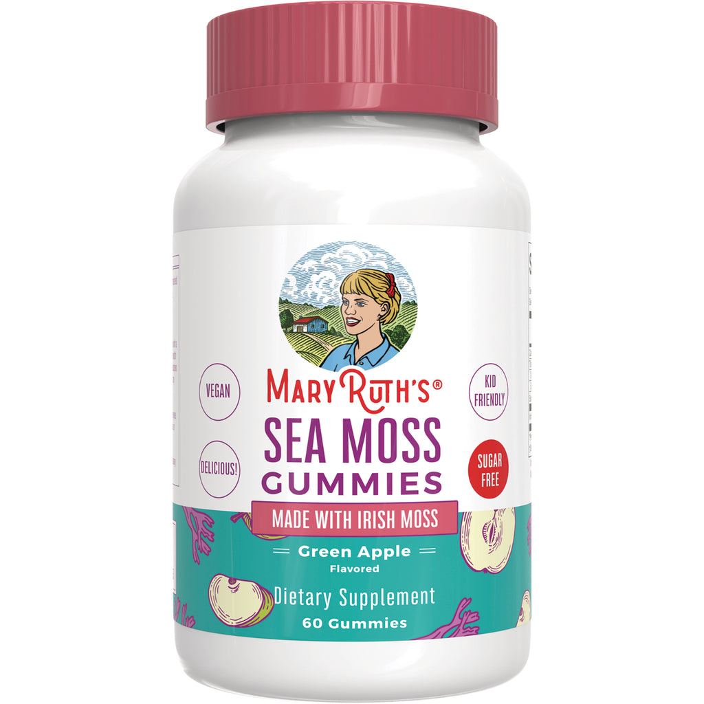 MRR034 | Mary Ruth's Sea Moss Gummies green apple flavored white bottle with pink lid, front label shows 60 gummies and sugar free badge - Thumbnail