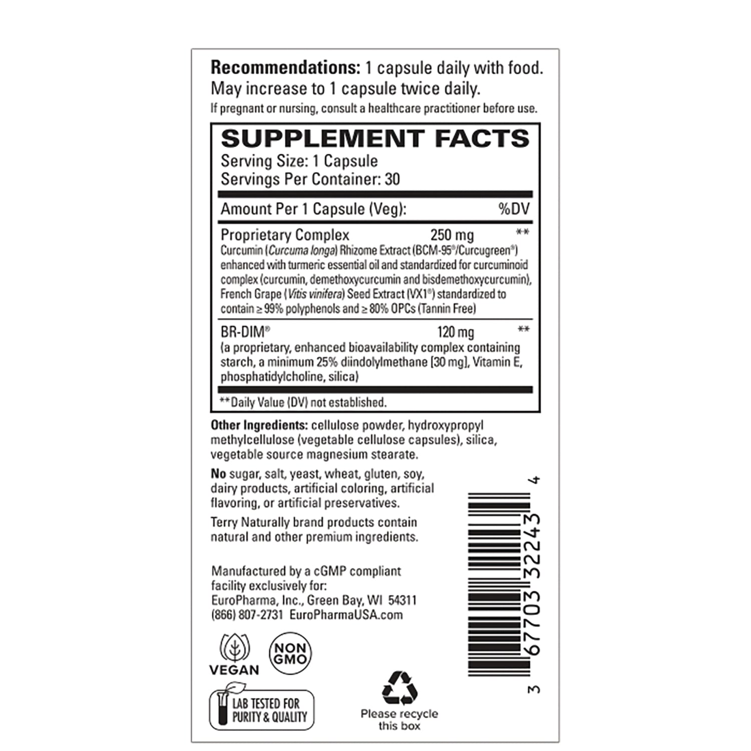 EUR068 | back label showing supplement facts panel with serving size, ingredients, and barcode