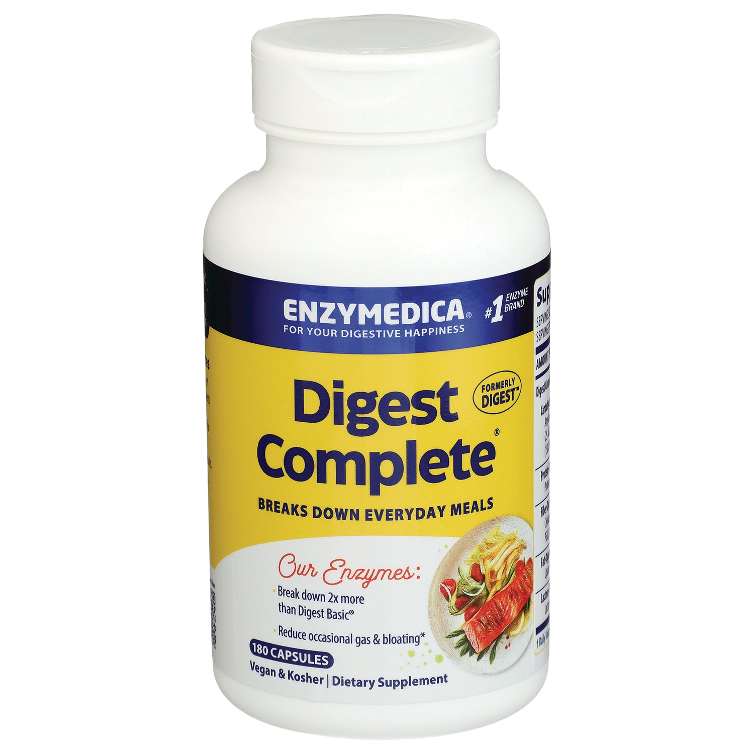 EMD007 | White bottle of Enzymedica Digest Complete dietary supplement with yellow label, 180 capsules