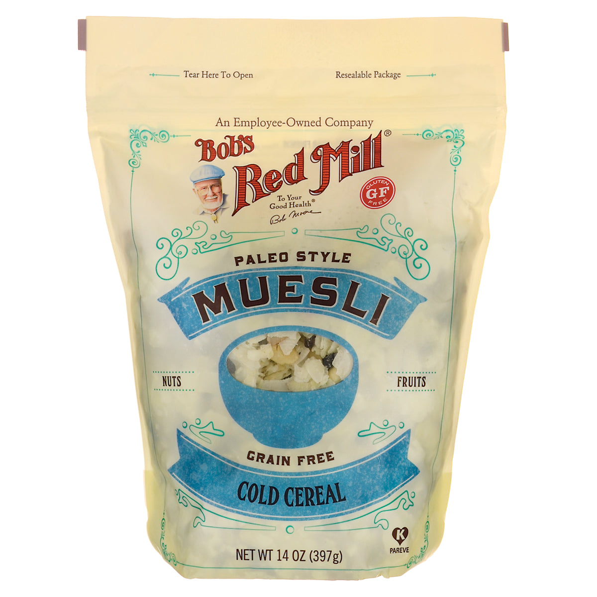 BOB246 | Bob's Red Mill Paleo Style Muesli grain-free cold cereal pouch front packaging showing net wt 14 oz (397g)