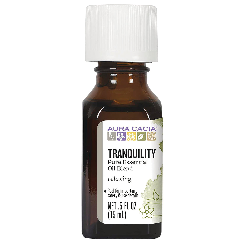 ARC226 | Amber glass bottle with white cap labeled AURA CACIA TRANQUILITY Pure Essential Oil Blend relaxing, 0.5 fl oz (15 mL) - Thumbnail