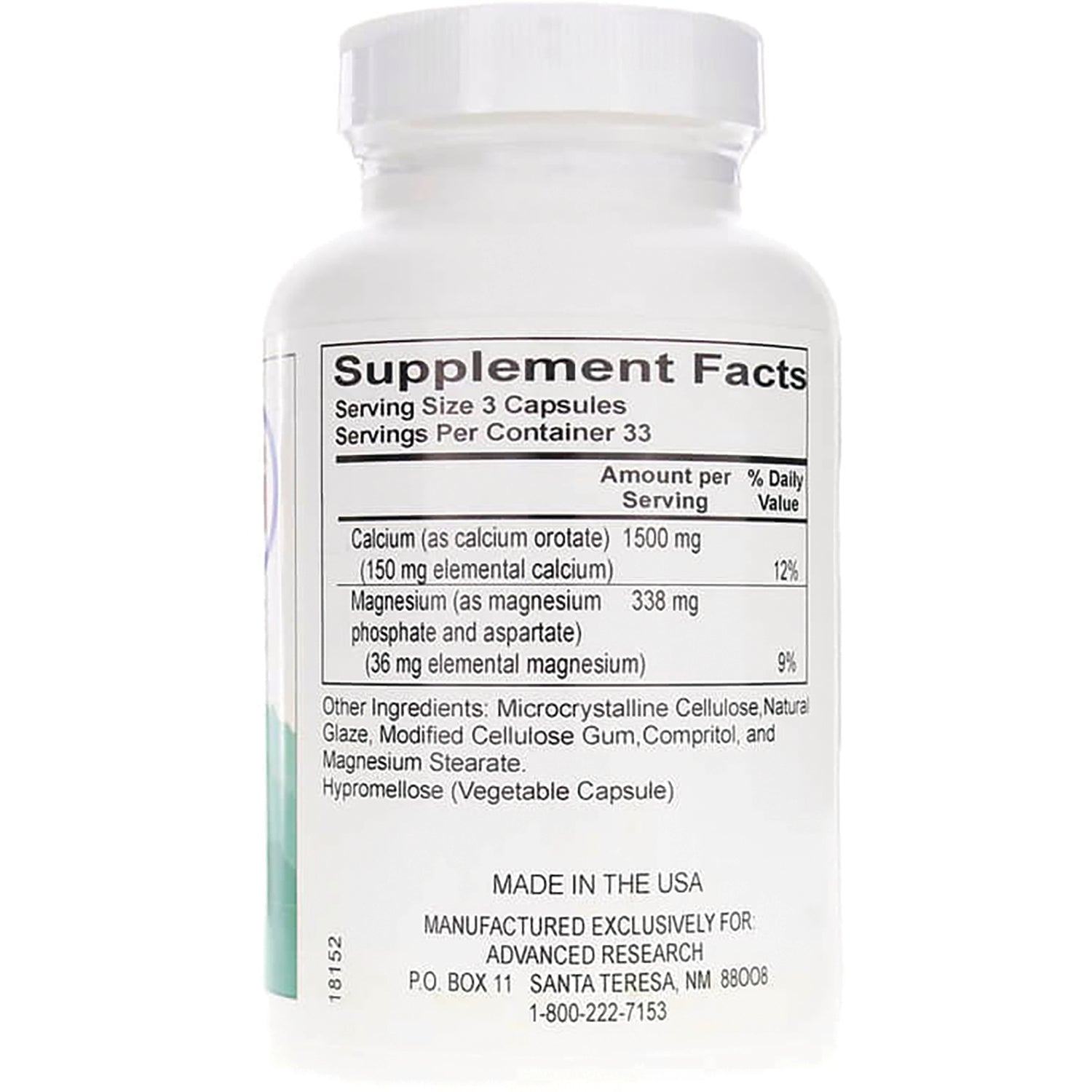 ADR006 | Back label Supplement Facts: serving size 3 capsules; calcium 1500 mg; magnesium 338 mg