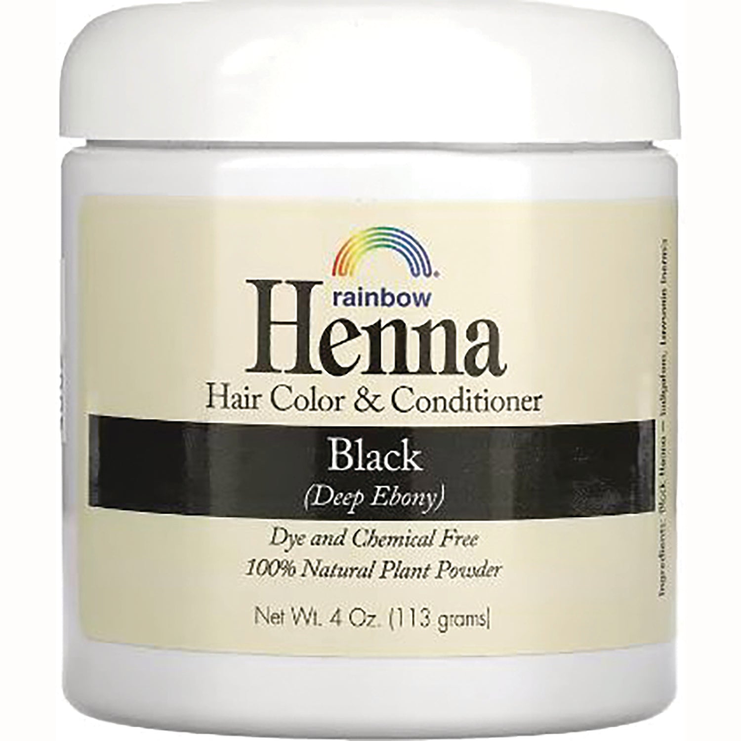 RBR027 | Rainbow Henna hair color & conditioner jar, Black (Deep Ebony), dye and chemical free 4 oz plant powder