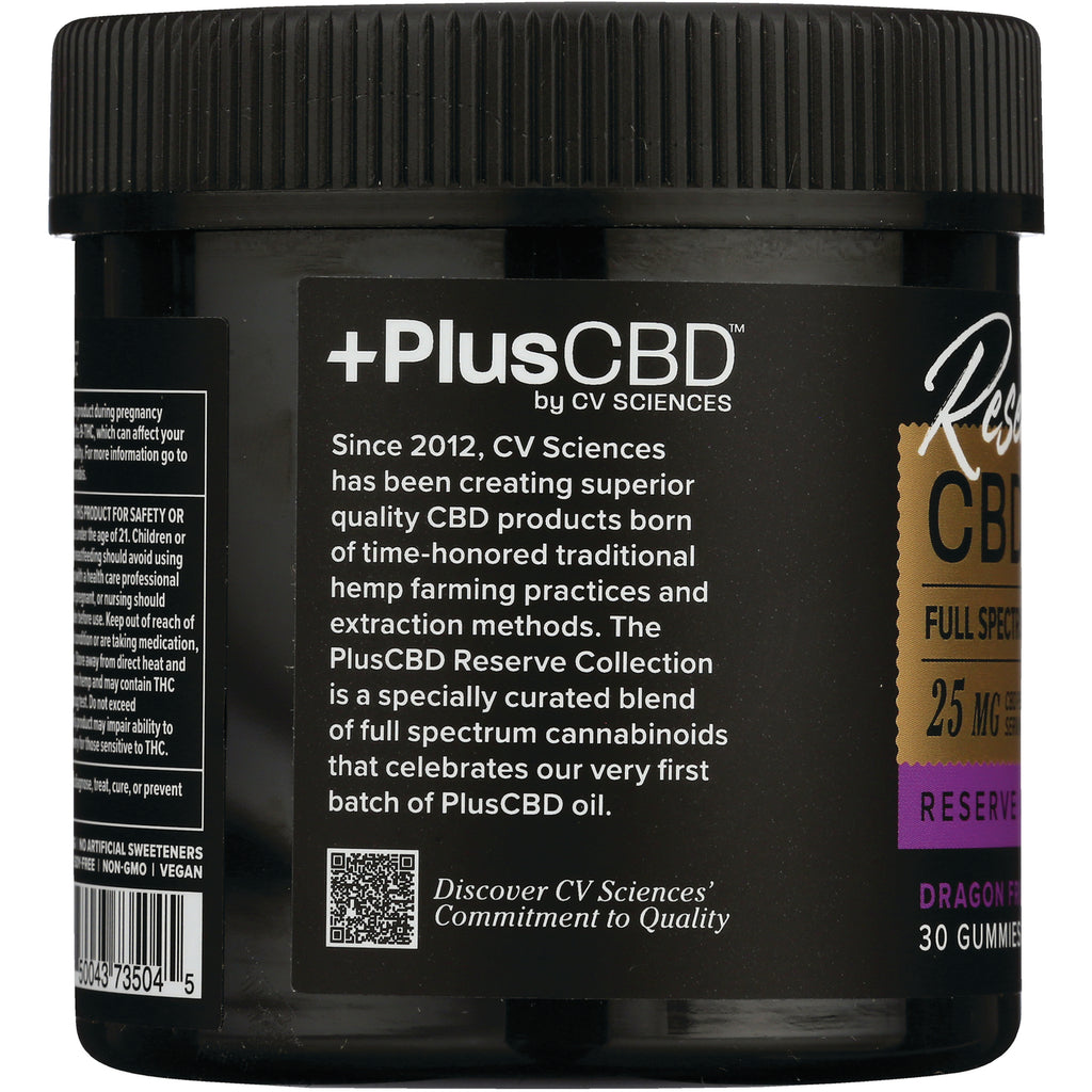 CV047 | jar label showing PlusCBD by CV Sciences text, product description paragraph and QR code on black packaging - Thumbnail