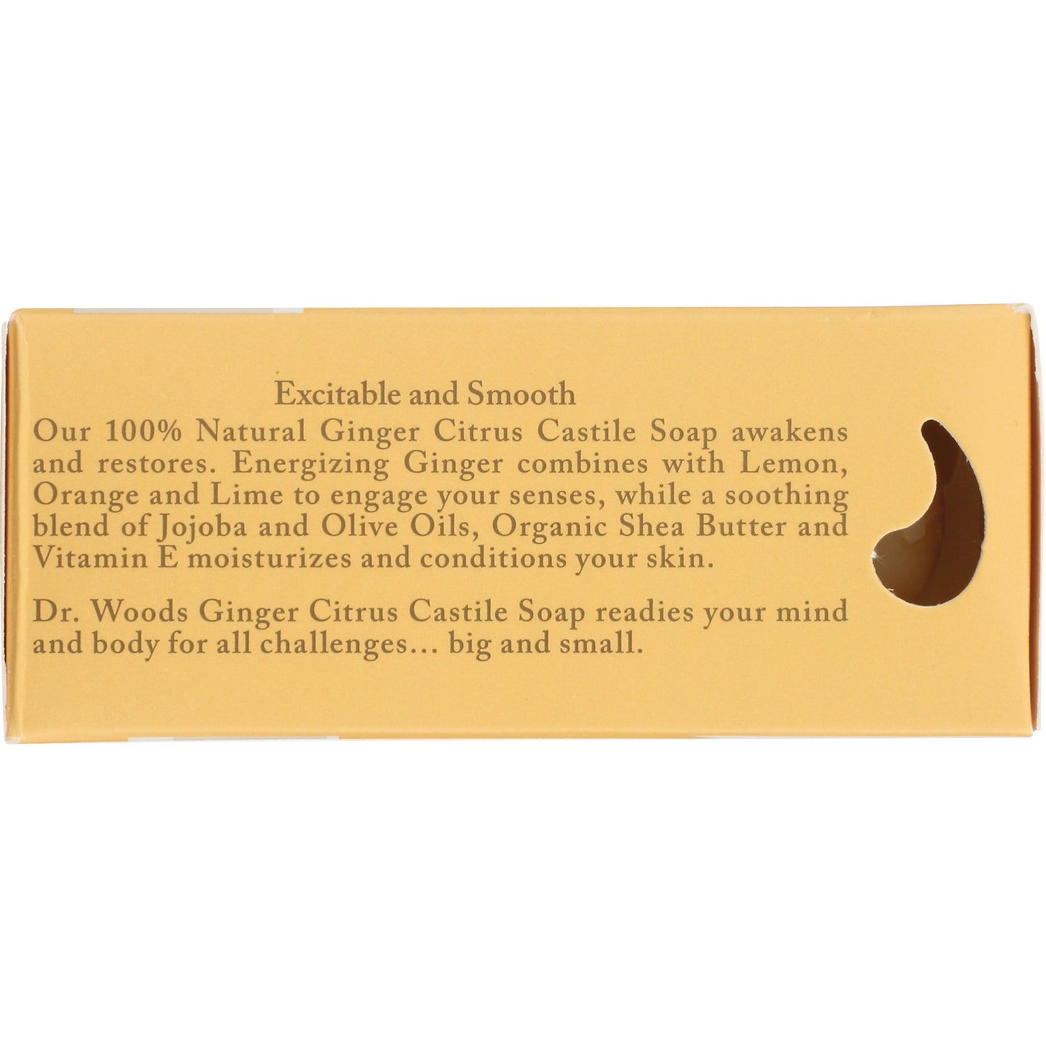 DRW017 | yellow soap box side with Ginger Citrus Castile Soap description and crescent-shaped cutout