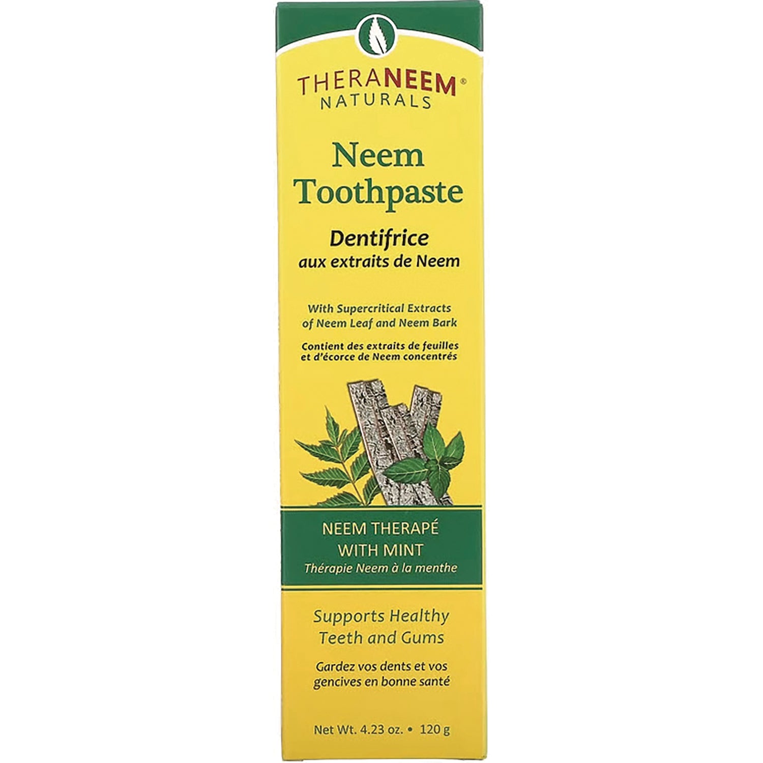 OGX002 | Theraneem Neem Toothpaste mint box front showing branding and Supports Healthy Teeth and Gums
