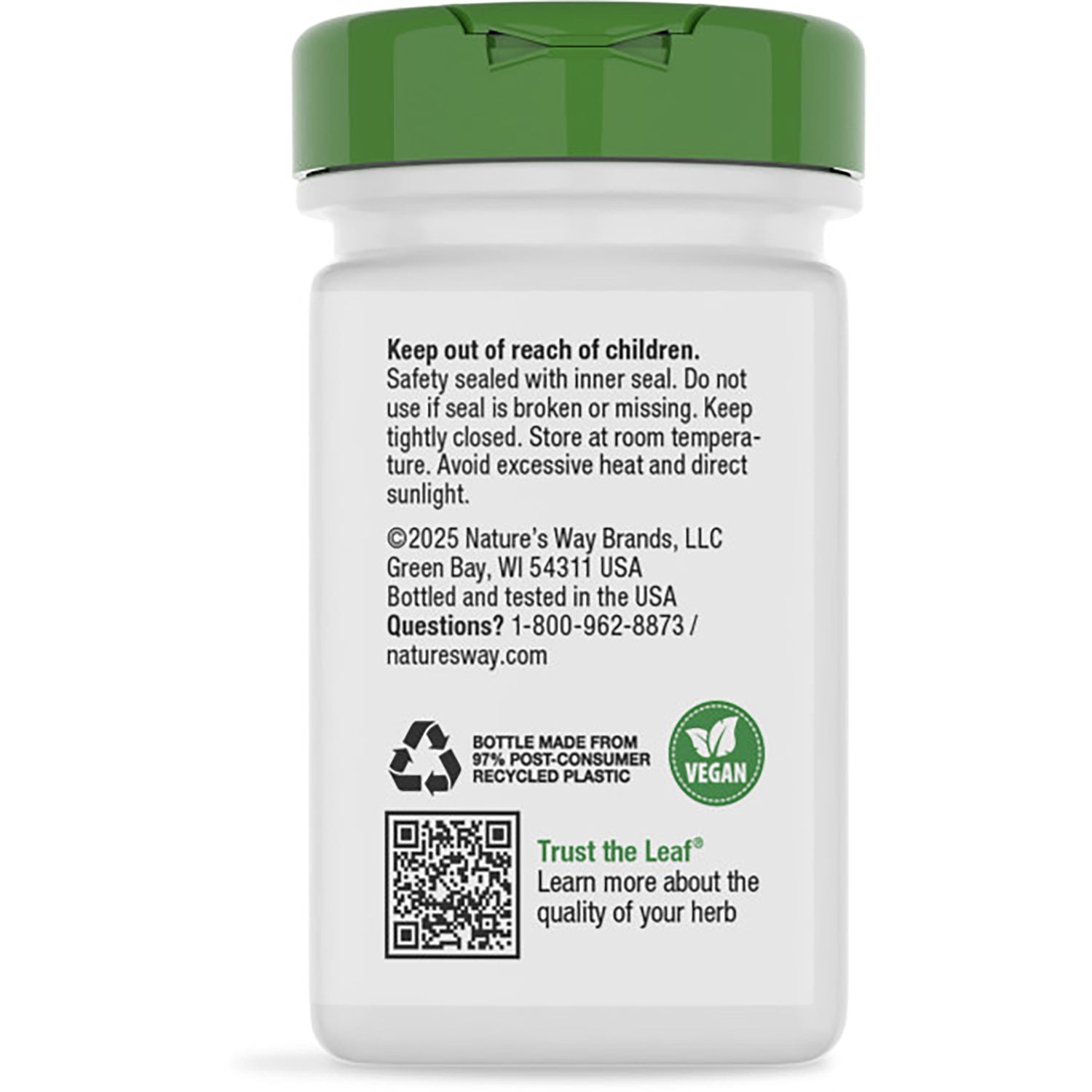 ET466 | Back of white supplement bottle with green cap showing Keep out of reach of children warning, GLUTEN FREE text, vegan and recycling icons