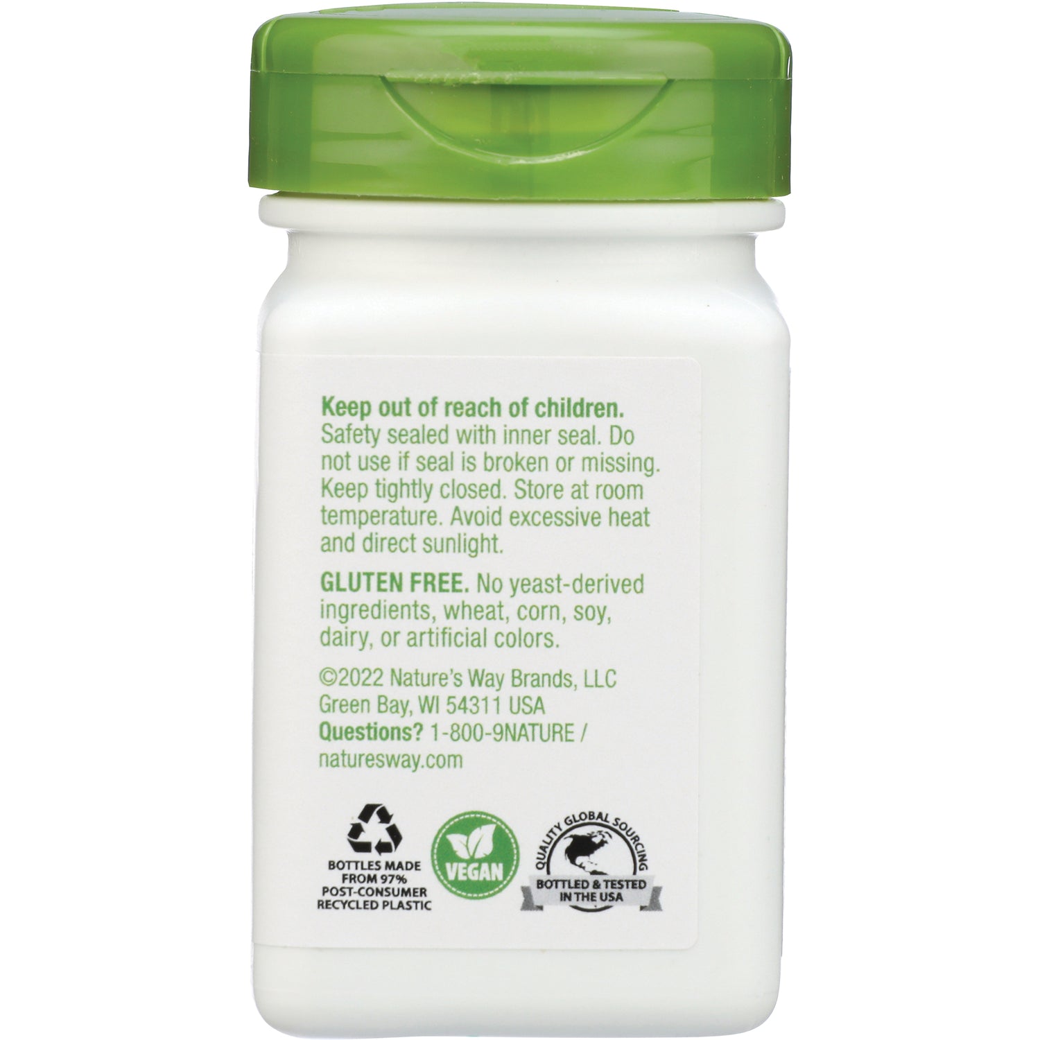 ET466 | Back of white supplement bottle with green cap showing Keep out of reach of children warning, GLUTEN FREE text, vegan and recycling icons