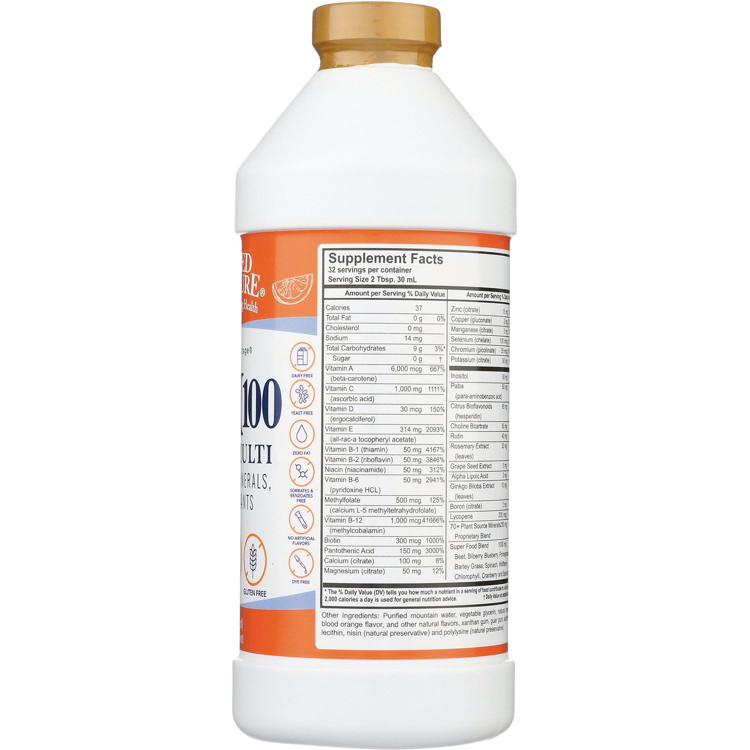 BTR005 | Back of white supplement bottle showing Supplement Facts panel and ingredient icons