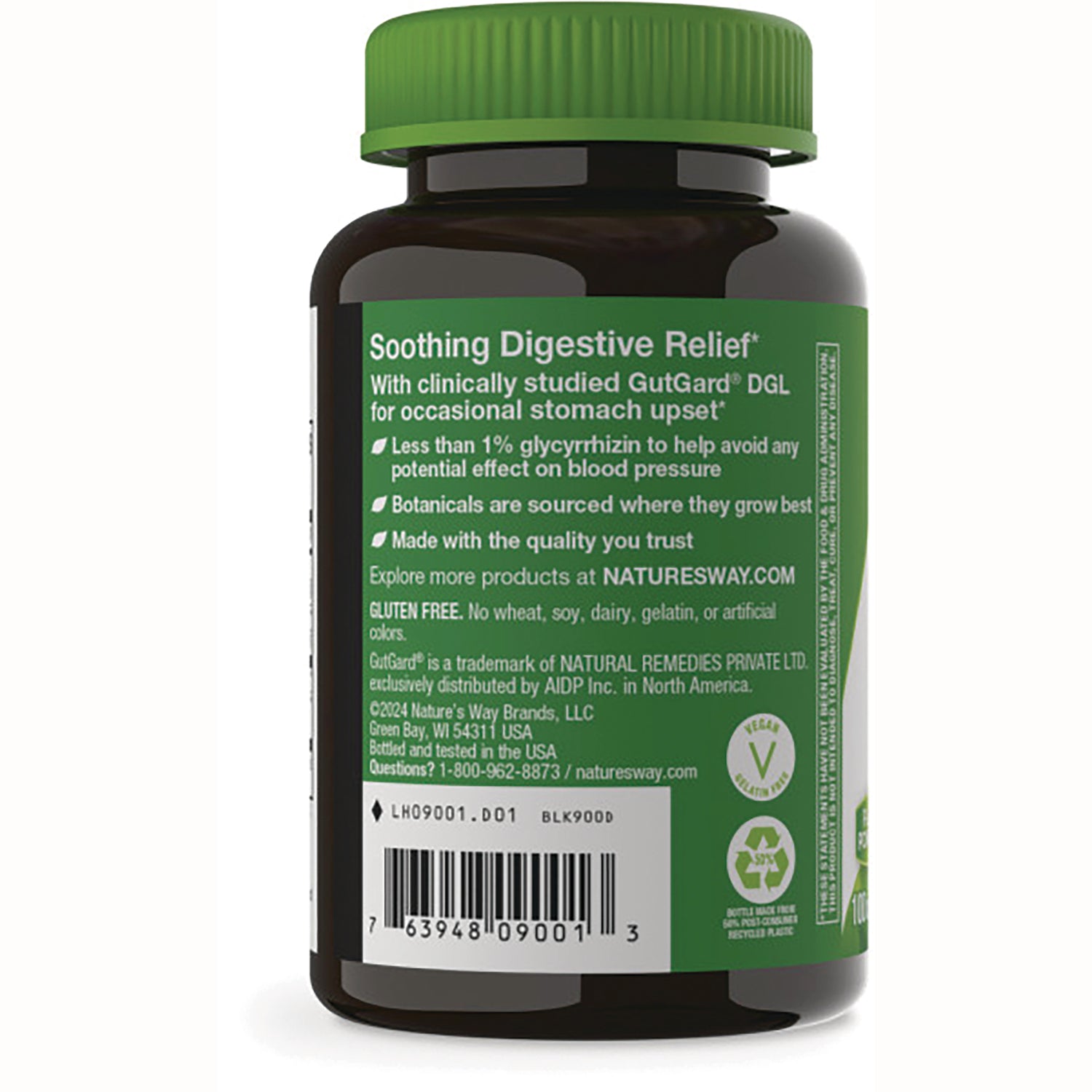 ET029 | back label of brown supplement bottle with green cap reading Soothing Digestive Relief, product info and barcode