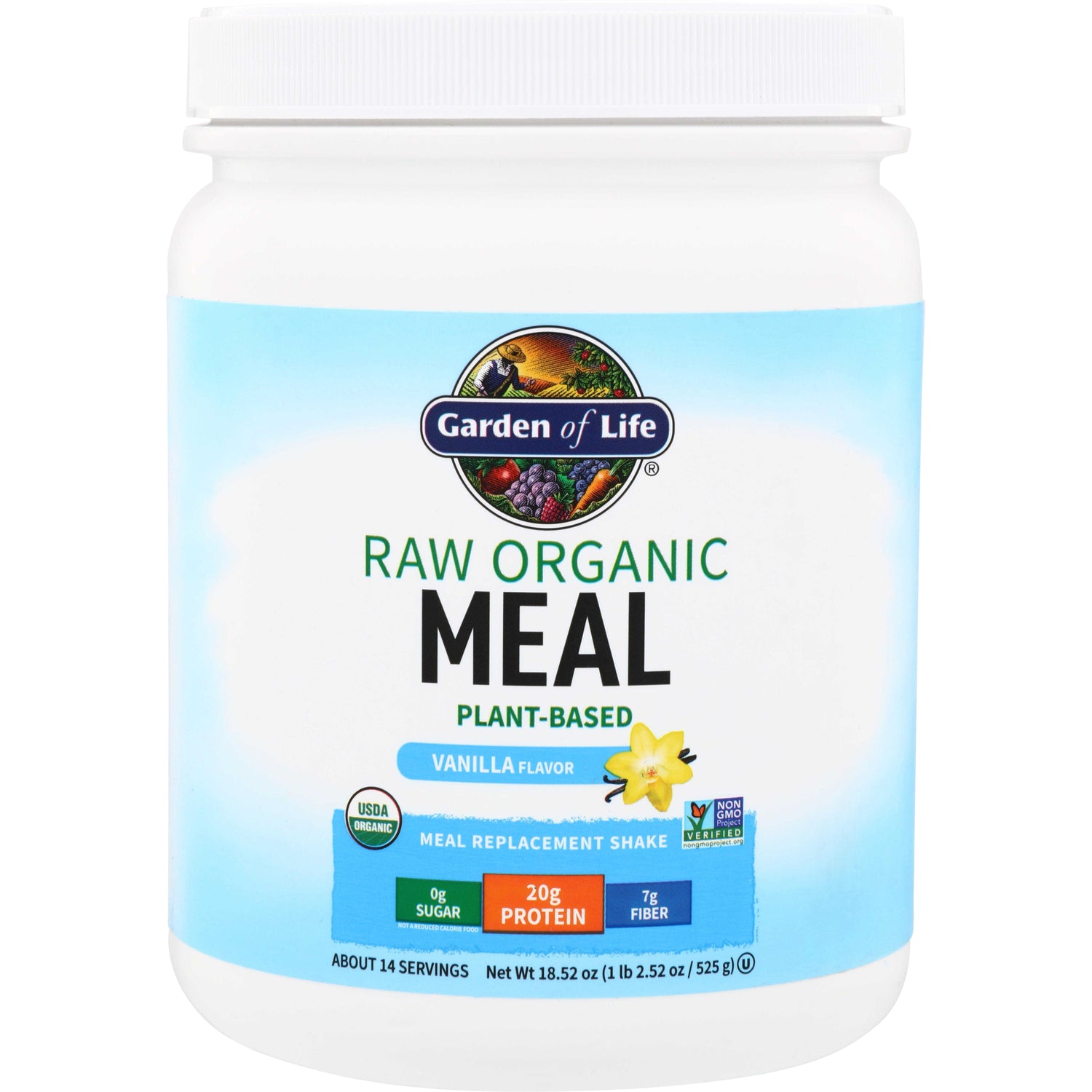GLF158 | Garden of Life Raw Organic Meal Plant-Based Vanilla meal replacement shake tub, 20g protein