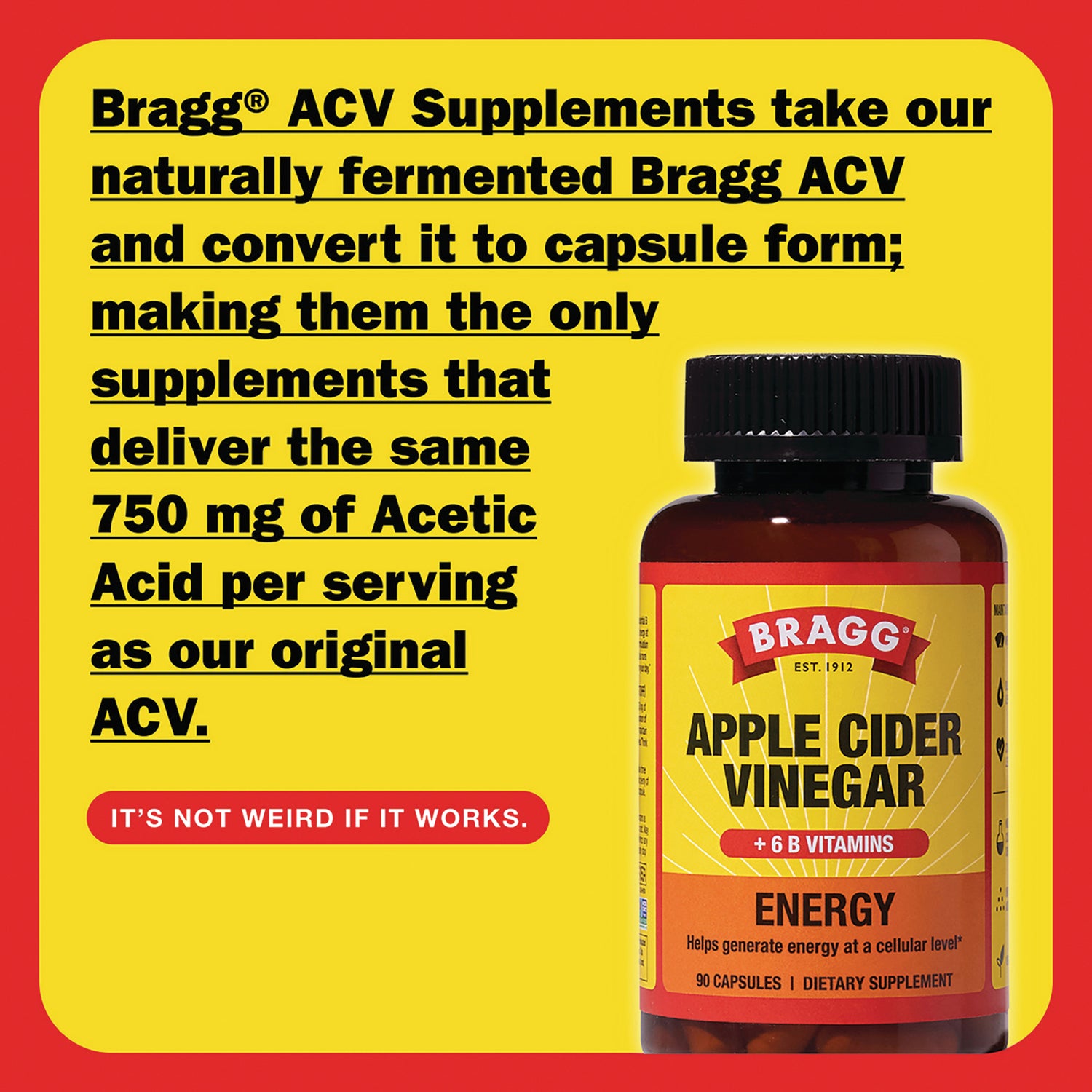 BR018 | Bragg Apple Cider Vinegar energy capsules bottle with infographic stating 750 mg of Acetic Acid per serving