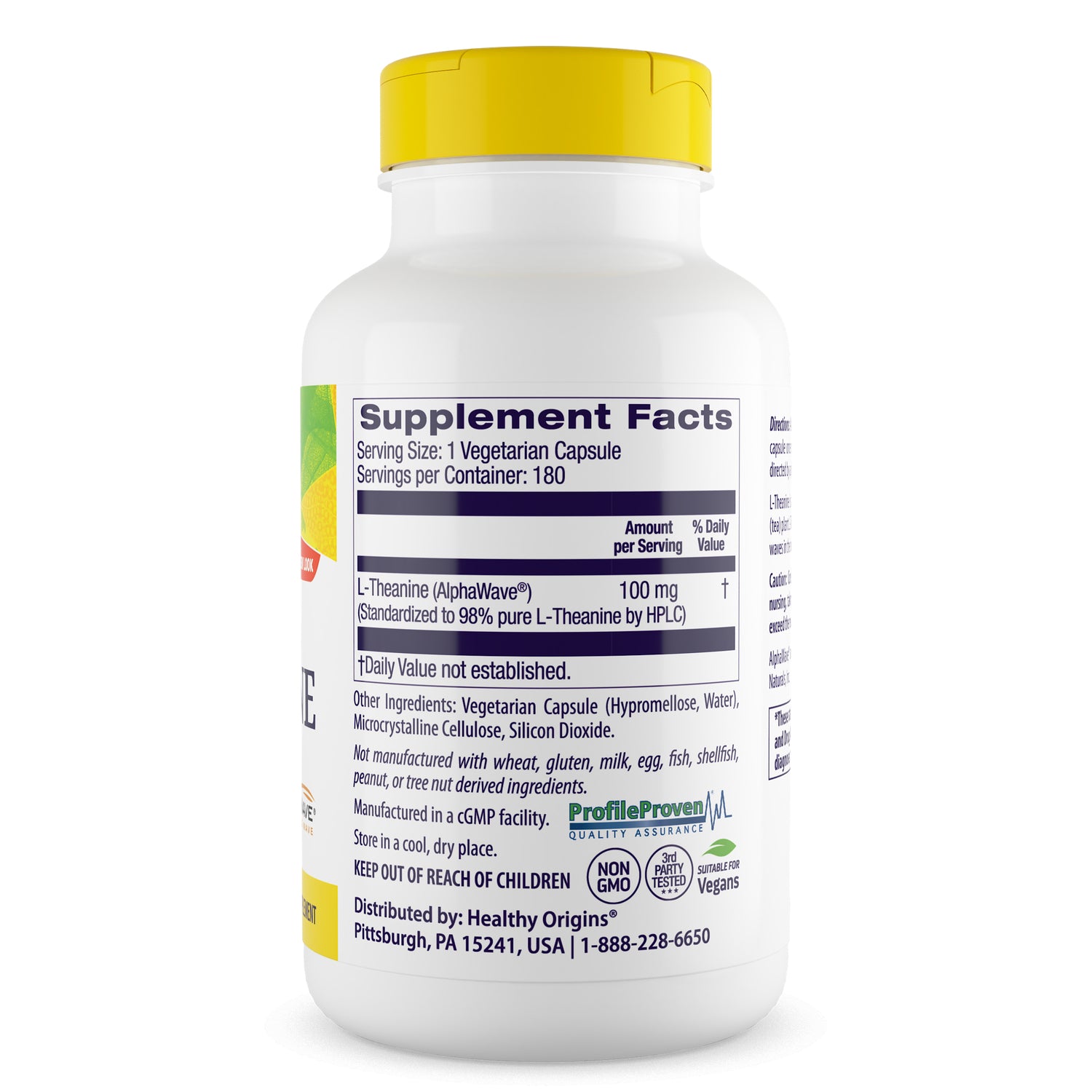 HRG179 | back label showing Supplement Facts panel, serving size, L-Theanine 100 mg, other ingredients and warnings
