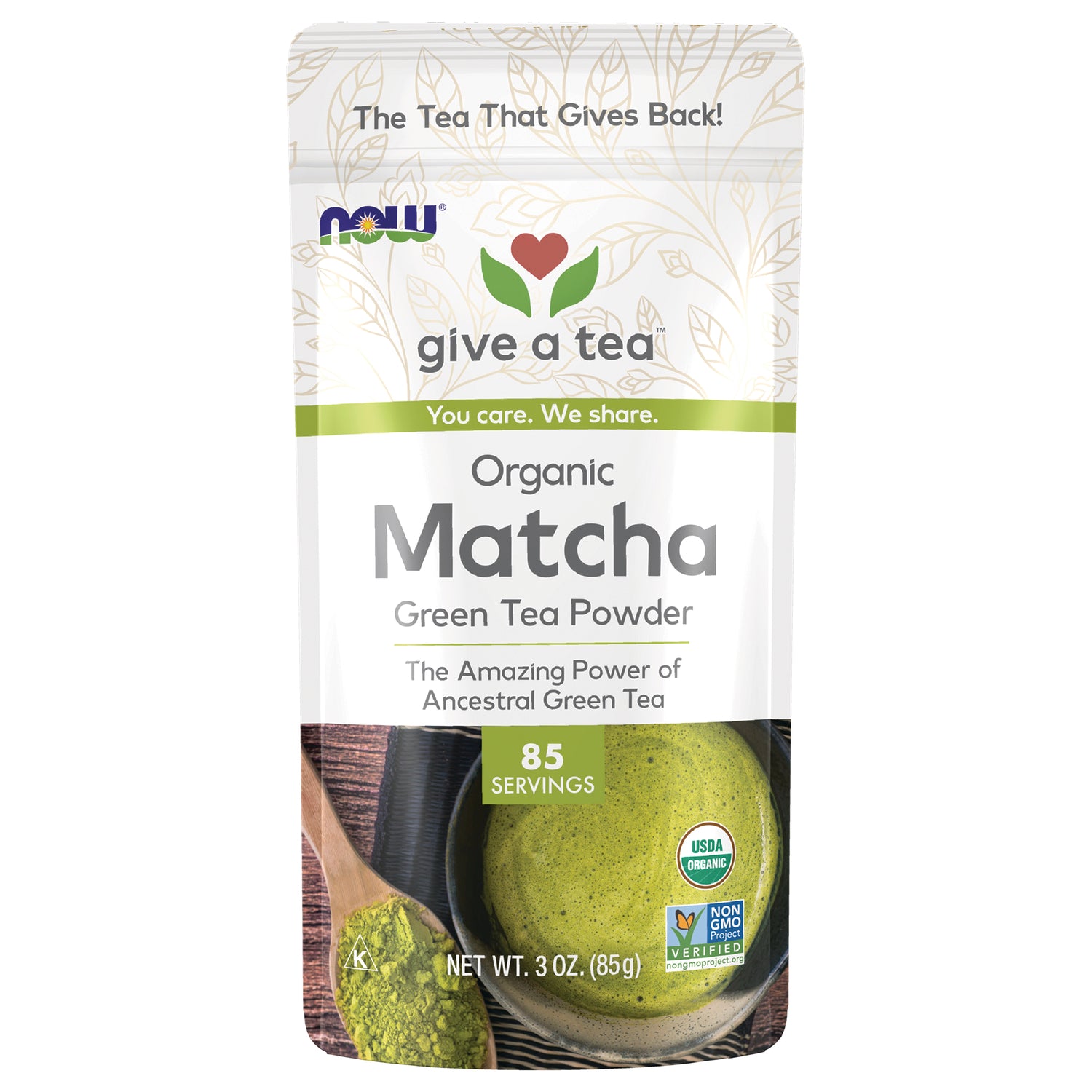 NWF1419 | NOW Give a Tea organic Matcha green tea powder pouch, 85 servings, net wt 3 oz