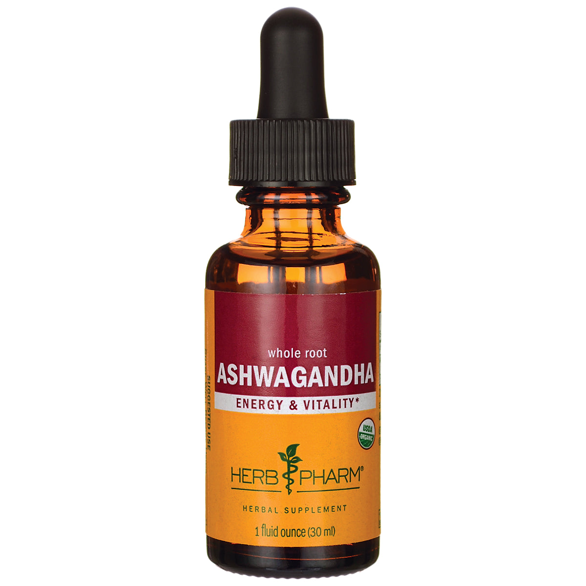 HPH075 | Amber dropper bottle labeled ASHWAGANDHA whole root Energy & Vitality Herb Pharm herbal supplement 1 fl oz