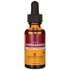 HPH075 | Amber dropper bottle labeled ASHWAGANDHA whole root Energy & Vitality Herb Pharm herbal supplement 1 fl oz