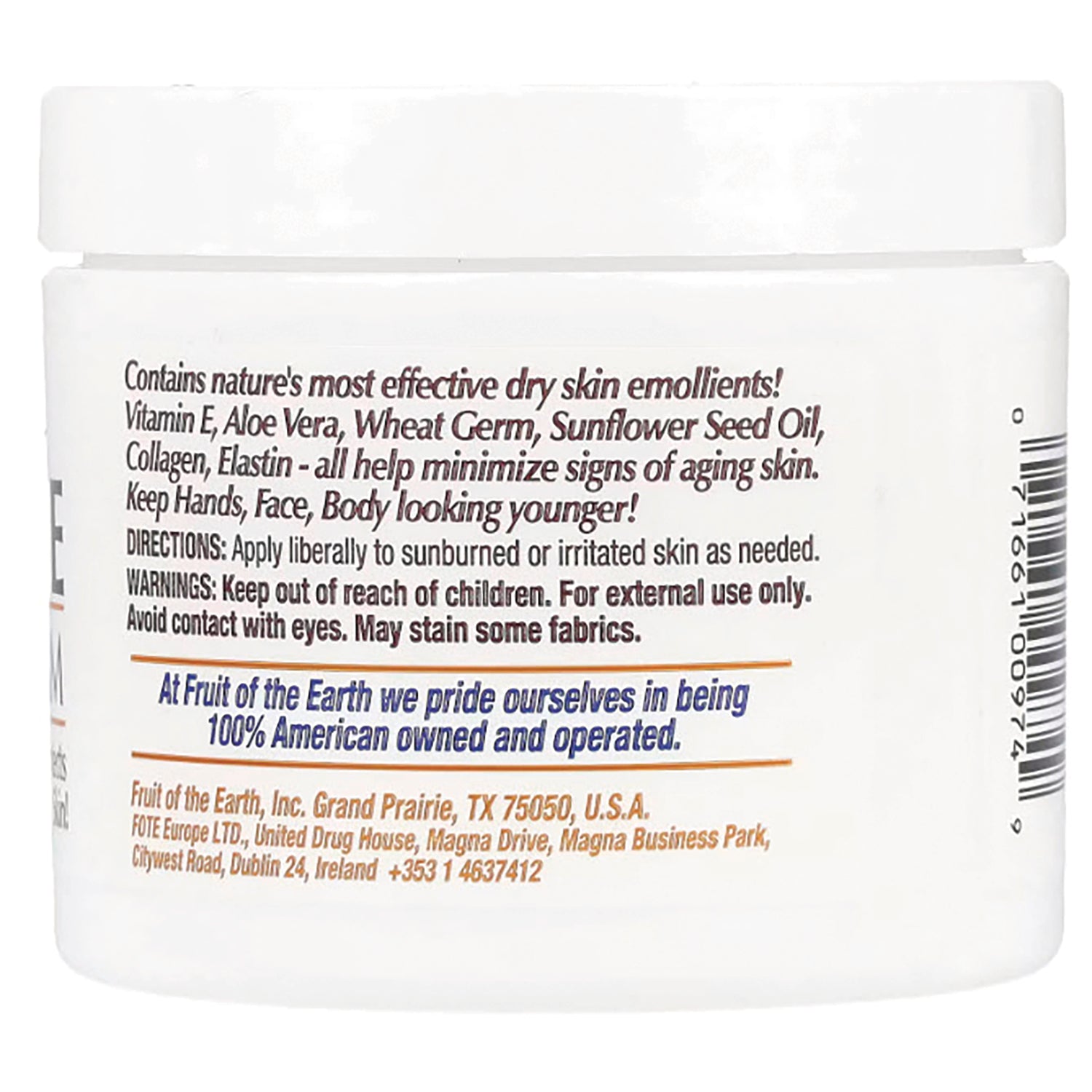 FE009 | Back label of white jar showing ingredients, directions, warnings and text Fruit of the Earth 100% American owned