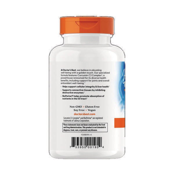 DB079 | back label of white supplement bottle showing curcumin description, benefits, barcode and QR code - Thumbnail