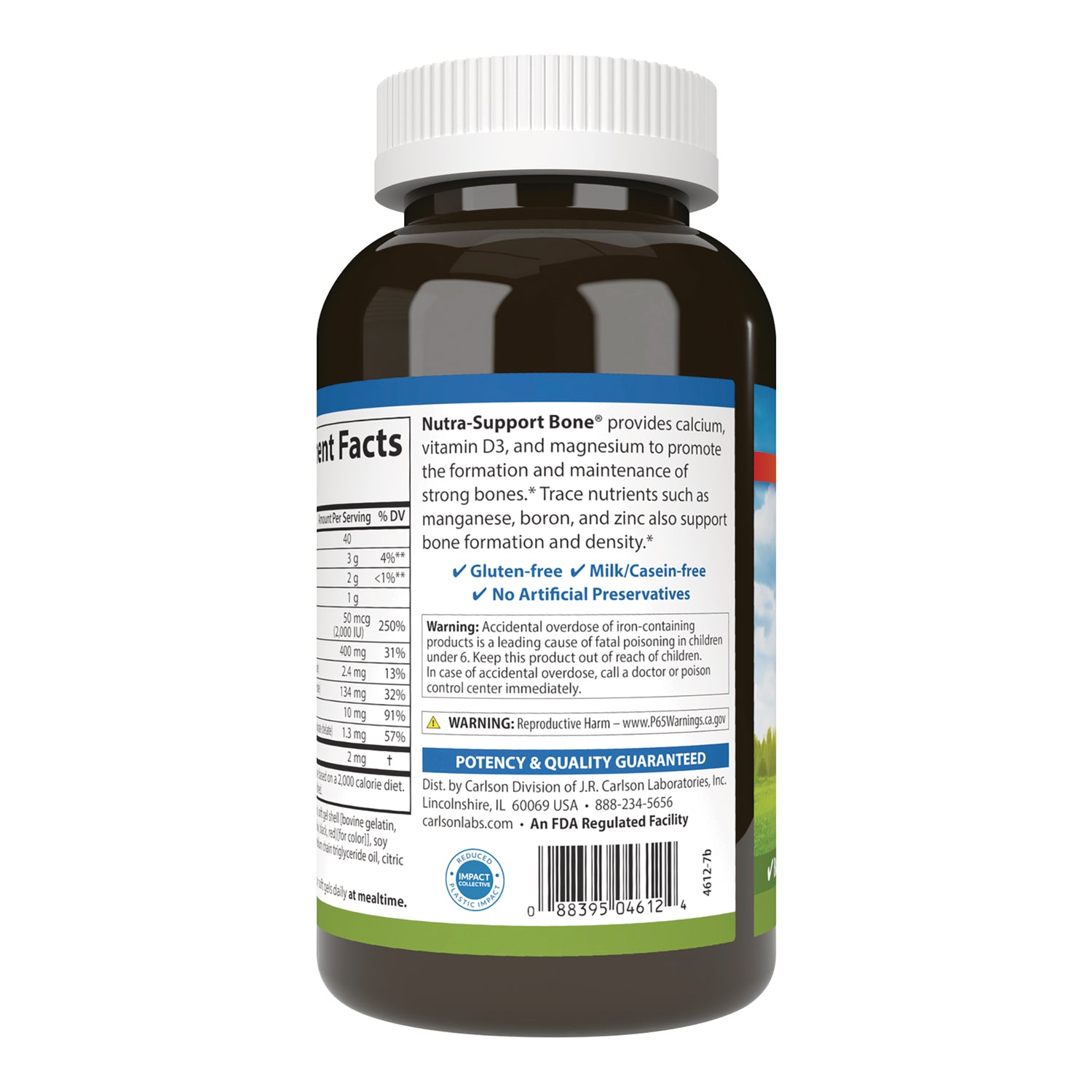 CSN337 | Back label of brown supplement bottle showing nutrition facts, product claims like Gluten-free and barcode