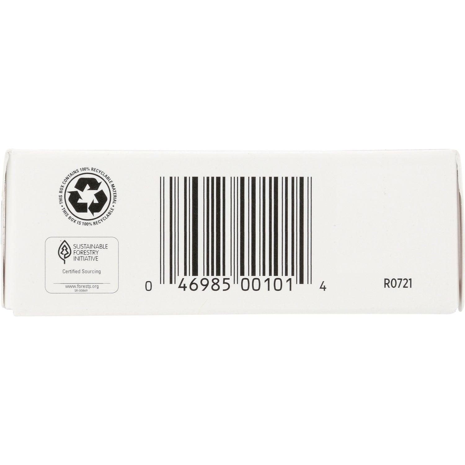 QU032 | back of white product box with barcode, recycling and Sustainable Forestry Initiative logos, code R0721