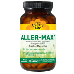 CRL240 | Country Life ALLER-MAX dietary supplement bottle, 100 vegetarian capsules, amber jar with white and green label