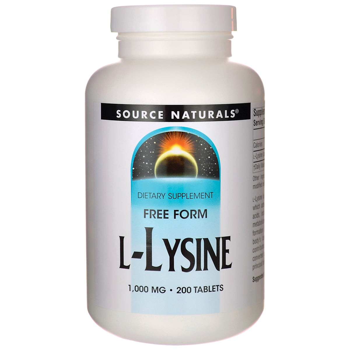 SN941 | Source Naturals Free Form L-Lysine dietary supplement, 1,000 mg, 200 tablets
