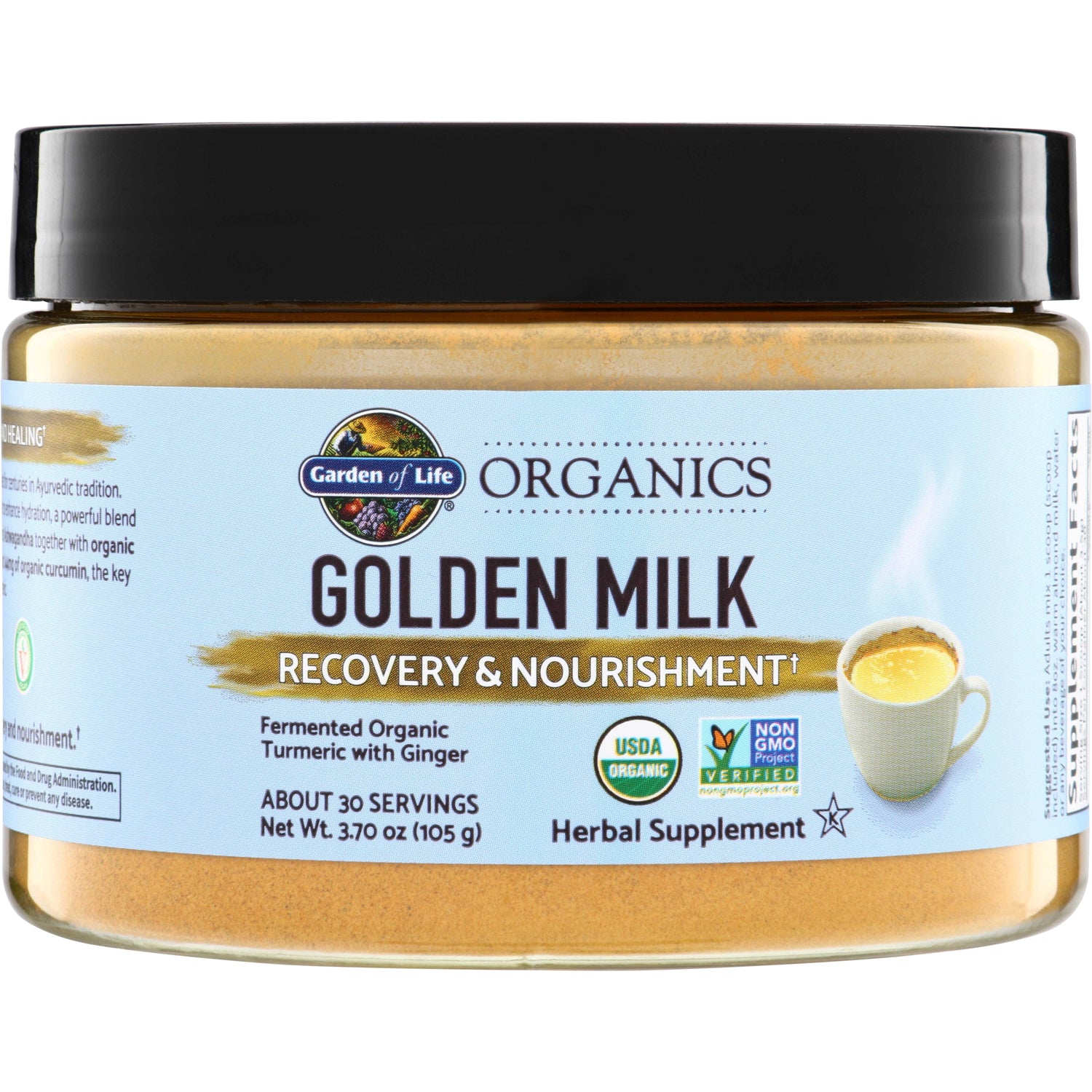 GLF258 | Garden of Life Organics Golden Milk Recovery & Nourishment herbal supplement jar, 3.70 oz
