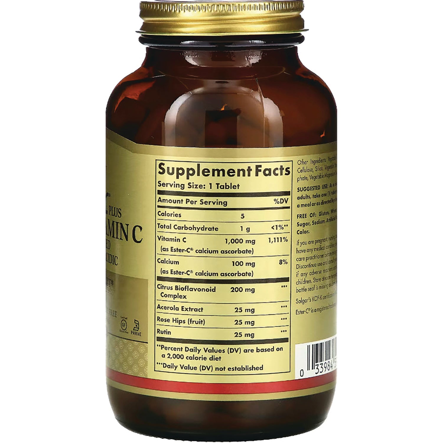SLG359 | back of amber supplement bottle showing Supplement Facts panel listing Vitamin C, ingredients, and barcode