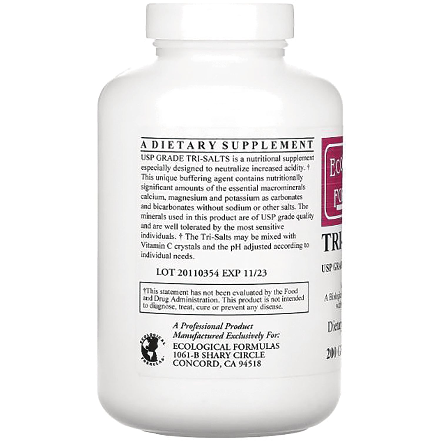CRR013 | back label of white supplement bottle showing LOT 20110354 EXP 11/23 and Ecological Formulas address