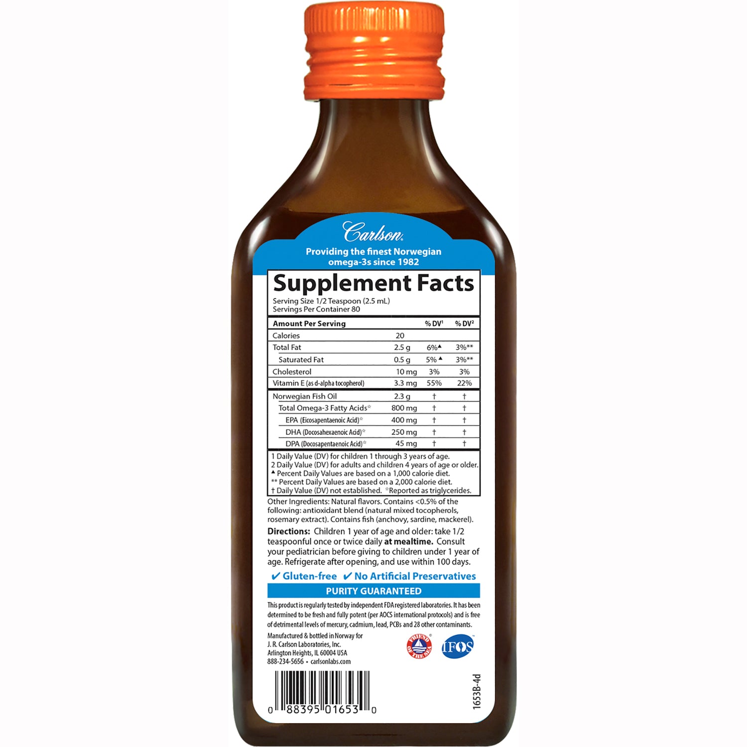 CSN033 | back of brown bottle showing Supplement Facts label with ingredients, directions and barcode