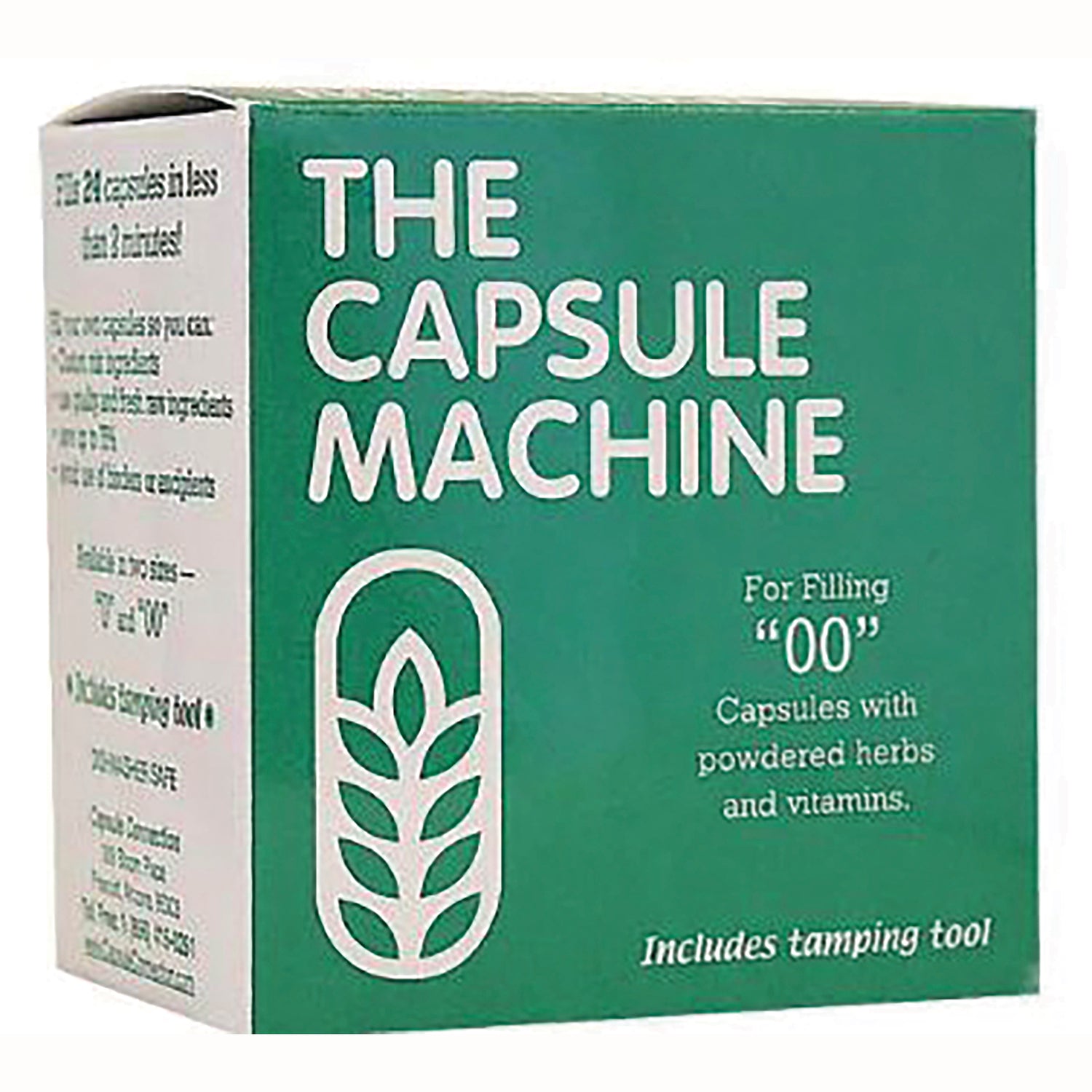 CPC002 | Green packaging front reading THE CAPSULE MACHINE for filling 00 capsules, includes tamping tool