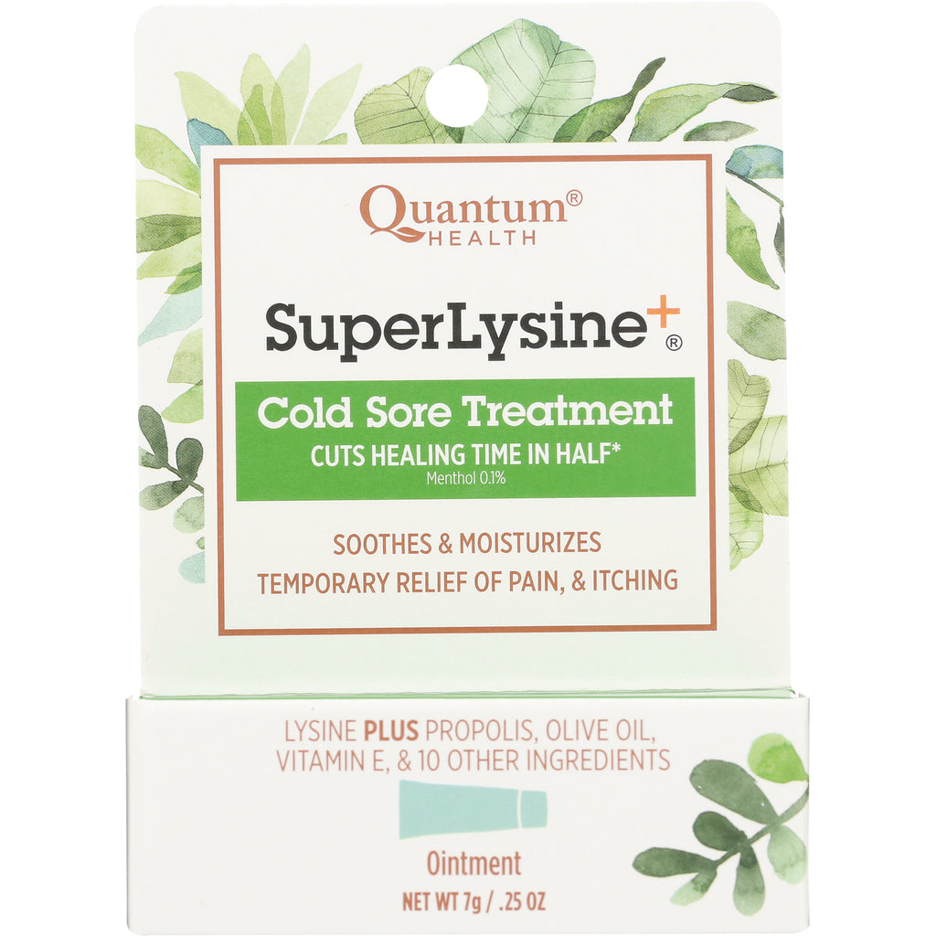 QU032 | Quantum Health SuperLysine+ Cold Sore Treatment ointment box front, green leaf artwork - Thumbnail