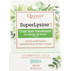 QU032 | Quantum Health SuperLysine+ Cold Sore Treatment ointment box front, green leaf artwork