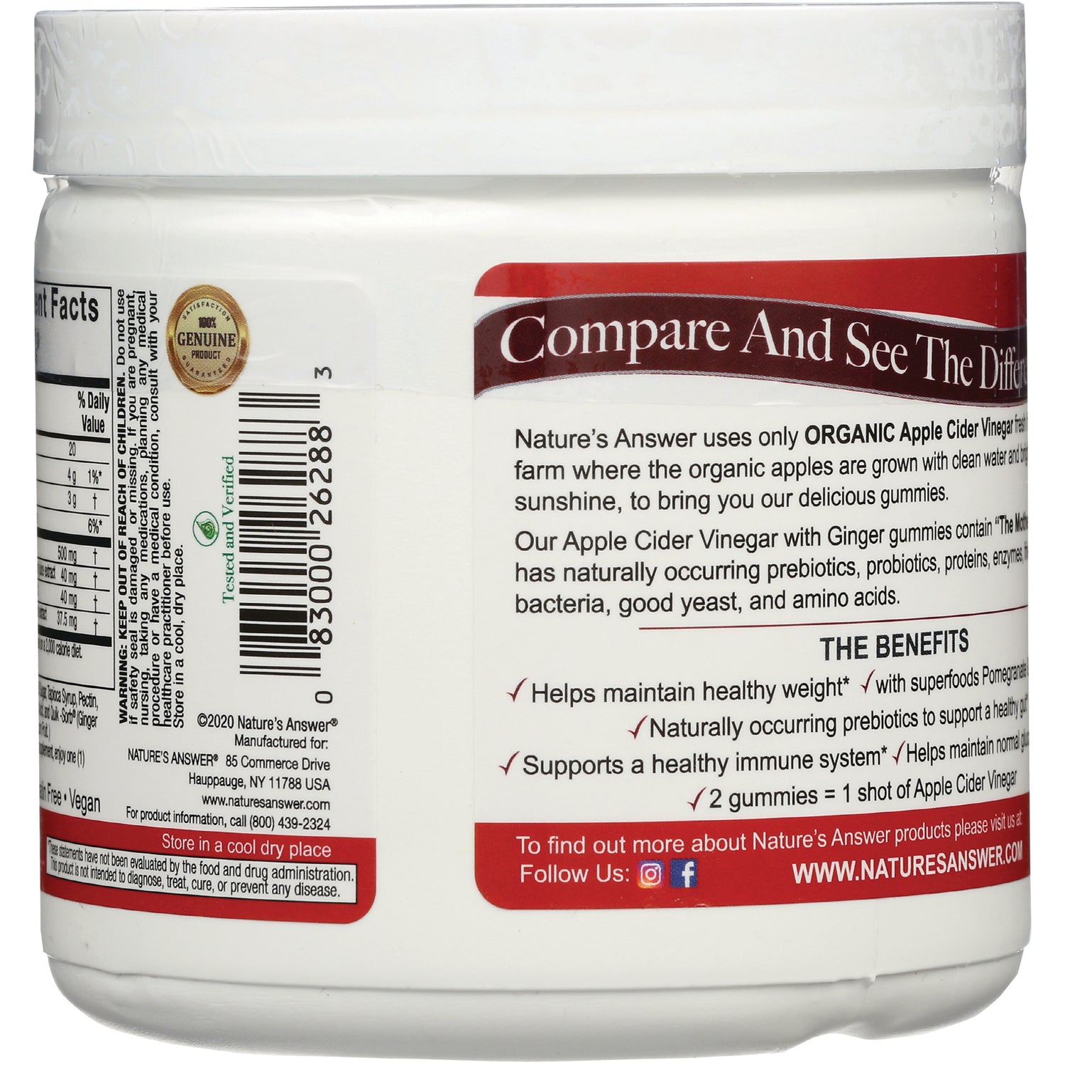 NAT411 | Back label of Nature's Answer apple cider vinegar gummies jar showing benefits, barcode, and product info