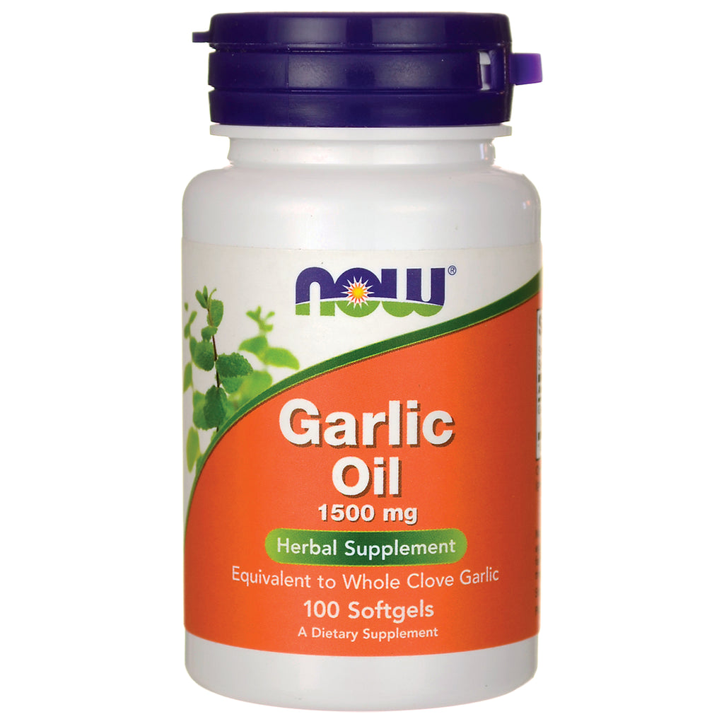 NWF887 | NOW Garlic Oil 1500 mg herbal supplement bottle, 100 softgels, white bottle with orange label and purple cap - Thumbnail