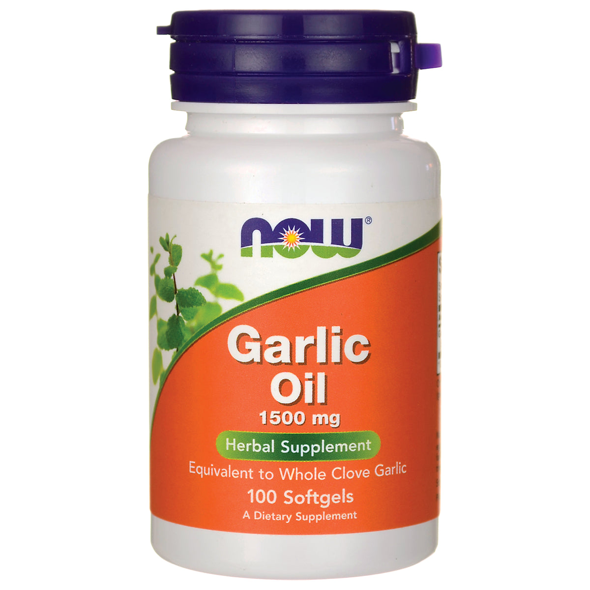 NWF887 | NOW Garlic Oil 1500 mg herbal supplement bottle, 100 softgels, white bottle with orange label and purple cap