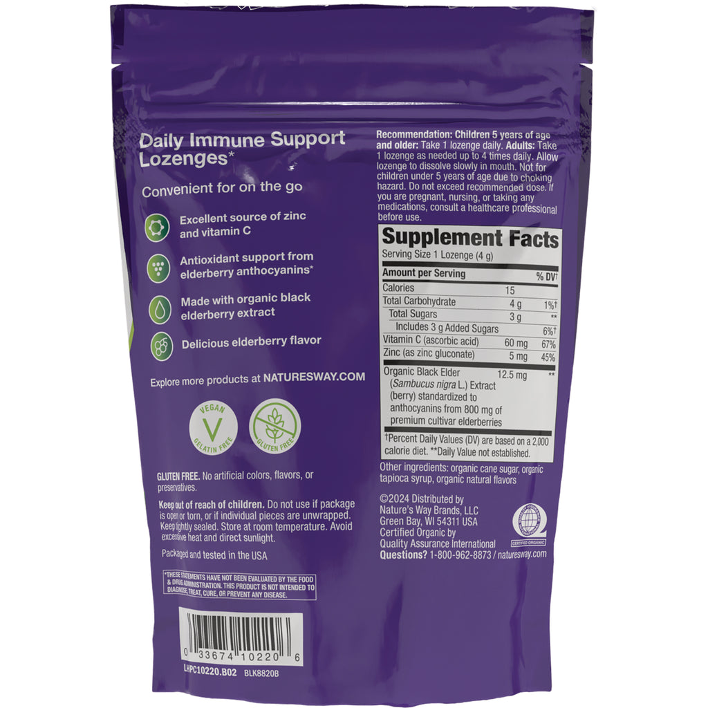 NW873 | Back of purple Daily Immune Support Lozenges pouch showing Supplement Facts panel and ingredients - Thumbnail